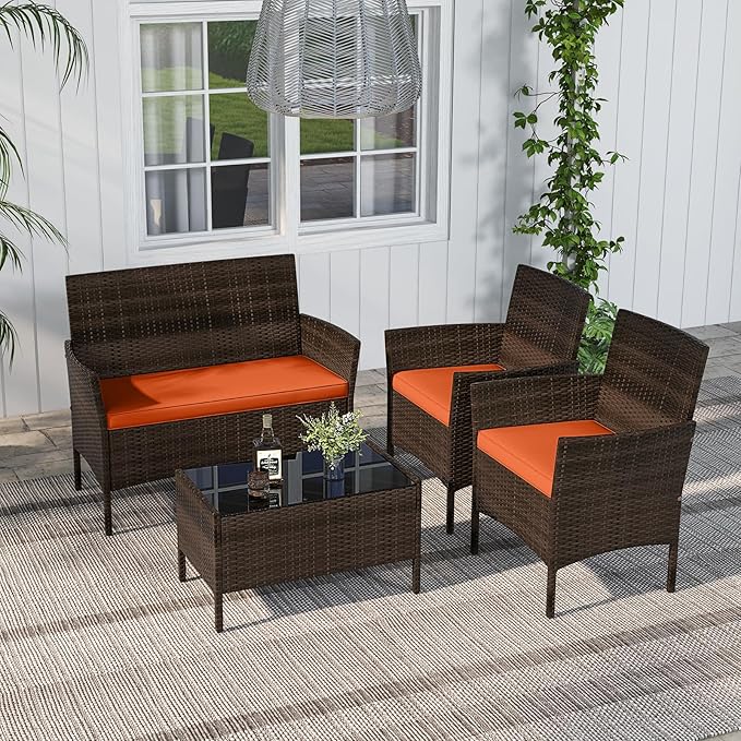 RELAX4LIFE 4-Piece Patio Furniture Set - Rattan Outdoor Conversation Bistro Set w/Cushions, Glass Coffee Table, Wicker Chairs & Loveseat for Garden Backyard Porch, Balcony Furniture Set (1, Orange)