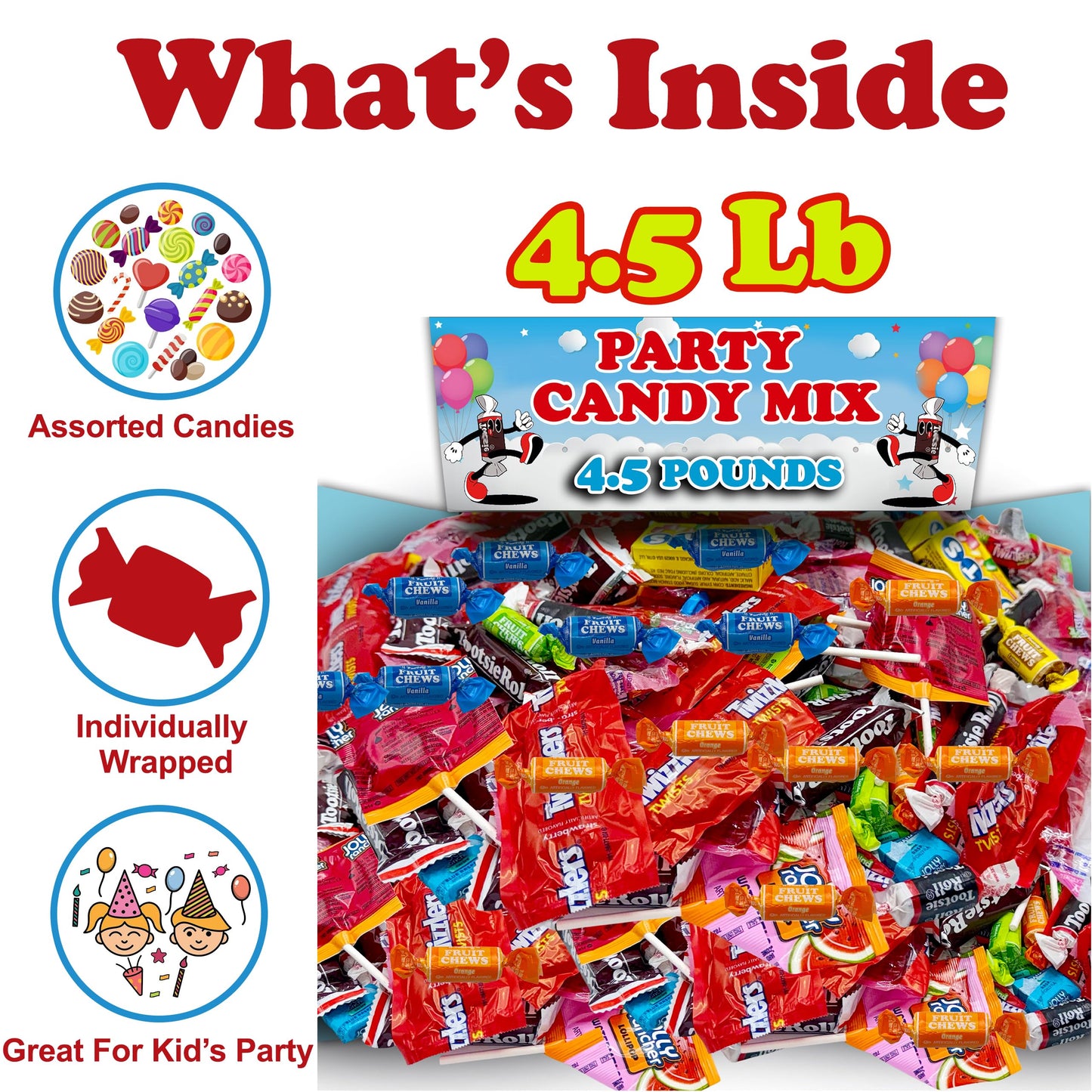 Bulk Candy Variety Pack, 4.5 Lbs Assortment Mix, Includes Twizzles, Assorted Tootsee Roll, Jolli Rancher, Individually Wrapped for Kids Birthdays, Party Favors and Candy Bowl