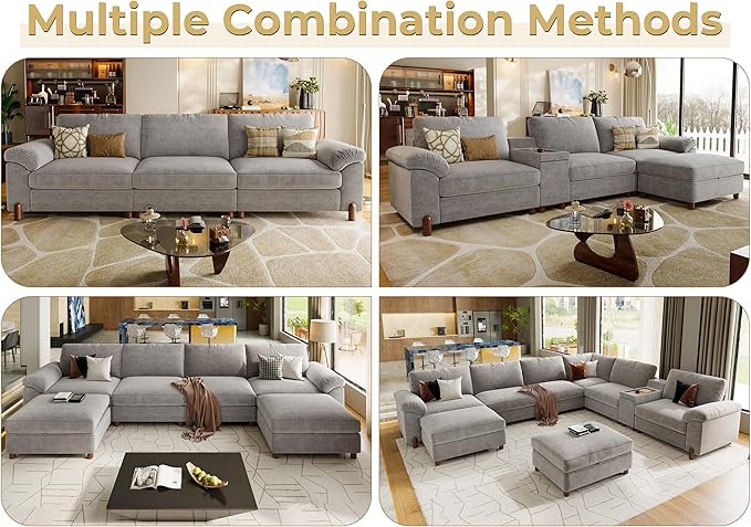 SITJOY 118" Oversized Sectional Couches for Living Room, Extra Large Deep Seat Modular Sofa with Washable Covers, Wide Couch, 3 Seater Couch, Chenille in Light Gray