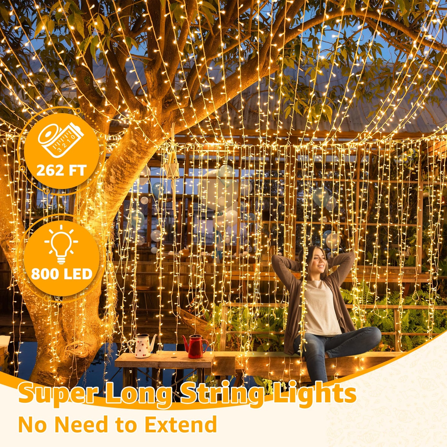 Ollny Outdoor String Lights 800LED 262FT, Warm White Waterproof Fairy Light with Remote Plug in, 8 Modes Timers Dimmable Christmas Lights for Outside Indoor Bedroom Patio Camping Garden