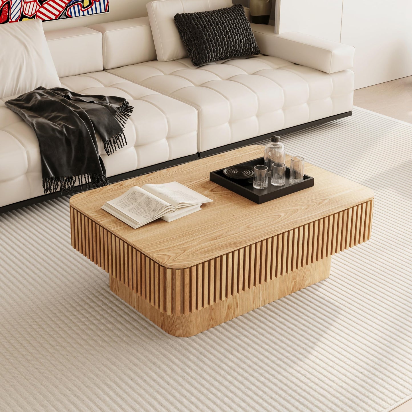 FGXJY Lift Top Coffee Table with Storage, Solid Wood Coffee Table with Adjustable Height, Fluted Center Table Accent Tea Table for Living Room, Apartment, Office (38.6" Natuall)