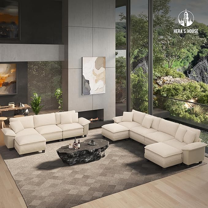 HERA'S HOUSE 158" Modular Sectional Sofa, Oversized U Shaped Couches for Living Room, Comfy Cloud Couch with Ottoman, 6-Seater Deep Seat Sofa with Throw Pillow, Corduroy and Chenille Beige