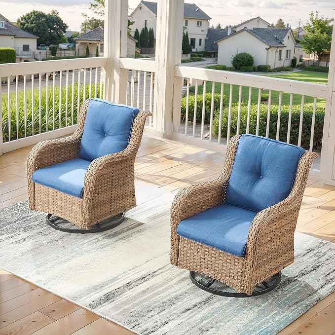 Belord Outdoor Swivel Rocker Patio Chairs - 360 Degree Swivel Glider Seating 350LBS Weight Capacity Wicker Rocking Chairs Set of 2 with Removable Cushion for Porch Balcony Deck, Yellow/Blue
