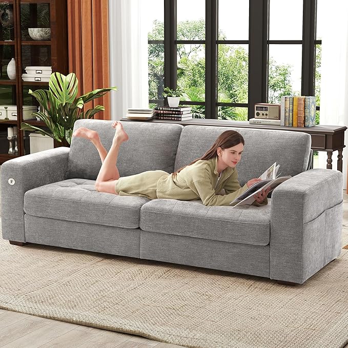 Ihanherry 89" Modern Sofa Cloud Couch, Chenille Deep Seat Sofa with Removable Cover for Living Room, Bedroom and Apartment, Grey
