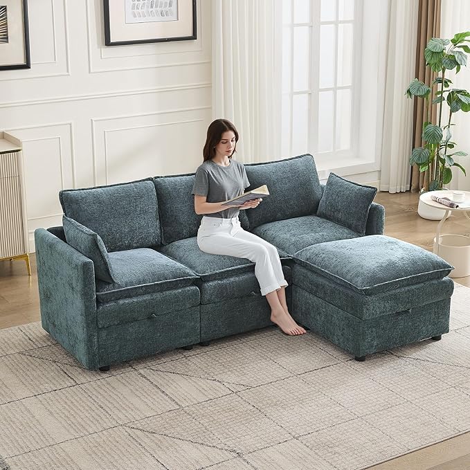80" Cloud Modular 3 Seater Sofa with Storage Ottoman, Modern Upholstered Storage Sofa Couch Deep Seat, L Shape Sectional Sofa Chenille Comfy Couch with Armrests for Living Room, Small Space, Blue