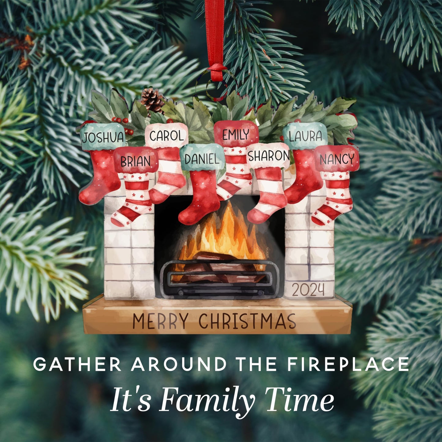 Christmas 2025 Family Ornaments Personalized - Up to 7 Names - Custom Fireplace Mantle Ornament w/Names, Family Christmas Tree Ornament, Personalized 2024 Xmas Ornaments