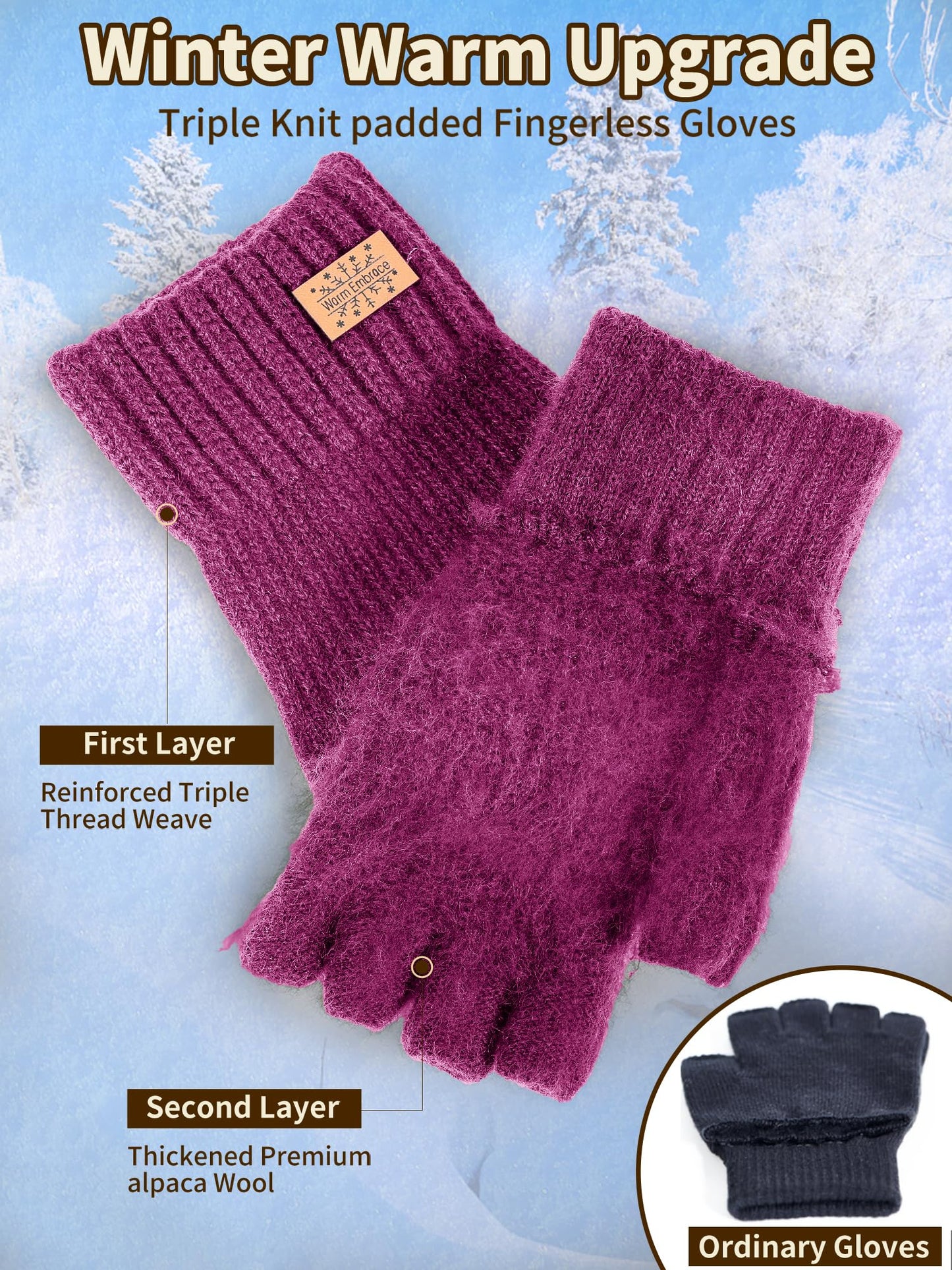 Fingerless Gloves for Women Men, Winter Warm Alpaca Wool Stretch Knit Adult Half Finger Glove for Typing, Driving