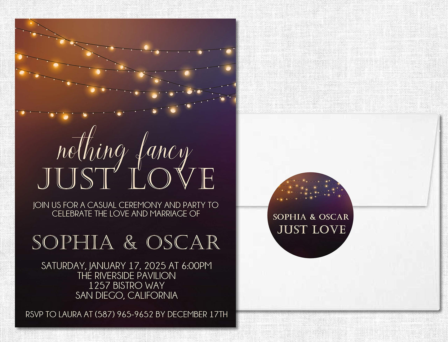 Casual Backyard Wedding Inviations, Set of 12 - Bistro Light Inspired Wedding Invitations With Envelopes (Copper)