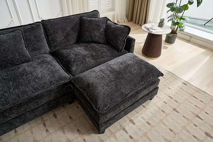 SoarFlash 149.61" Chenille Sectional Sofa, Comfy U Shaped Modular Coush Sofa with Ottoman, Modern 4 Seat Couch Deep Seat Sofa Set for Living Room,Black