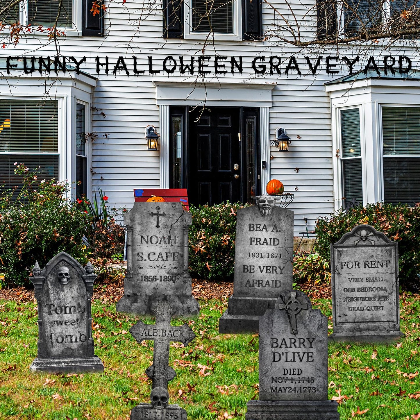Funny Halloween Graveyard Tombstones Prop Yard Stakes Signs 6 Styles Puns Cardboard Headstones for Cemetery Halloween 17in RIP Graveyard Tombstones Outdoor Props Yard Decorations with Stakes