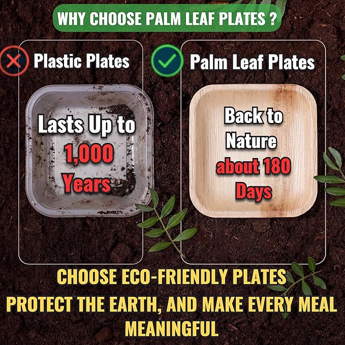 Palm Leaf Plates 10 Inch β 50 Pack Palm Plates with 50 Wooden Forks & 50 Knives β Bamboo Plates Disposable and Bamboo Dinner Plates for Weddings, Parties, Holidays, Christmas & New Year