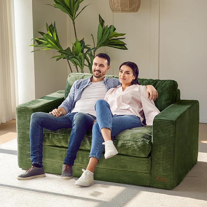 MAXYOYO Convertible Sofa Bed, Pull Out Loveseat Sleeper Sofa, 2 in 1 Folding Couch Bed, Floor Couch with Pillows for Living Room Bedroom Lounge, Dark Green