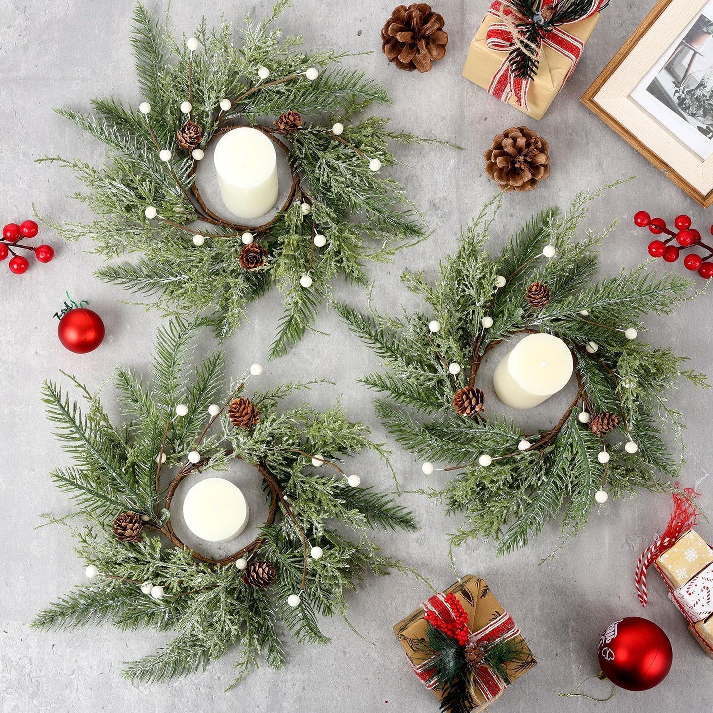 6 PCS Christmas Wreath Candle Rings Mini Wreath Pine Garland Artificial Frosted Cedar and Pine Cone Candle Rings Holder for Christmas Wedding Home Table Centerpiece Door Window Chair Wall