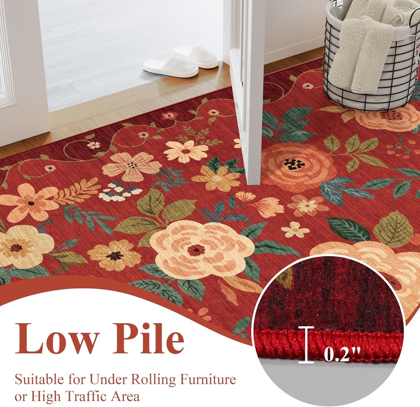 DUKINO 2x3 Rugs for Entryway, Floral Indoor Washable Door Mat, Non Slip Boho Small Rug for Kitchen, Soft Low Pile Front Door Throw Rug for Entrance, Bedroom, Kitchen, Laundry, Bathroom, Red