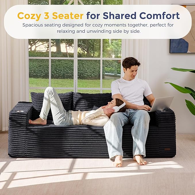MAXYOYO 79" Oversized Boneless Loveseat Sofa Couch for Small Spaces, Mini Love Seat Floor Couch with Cup Holders and Pillows, 3-Seater Upholstered Cloud Couch for Bedroom, No Assembly Required