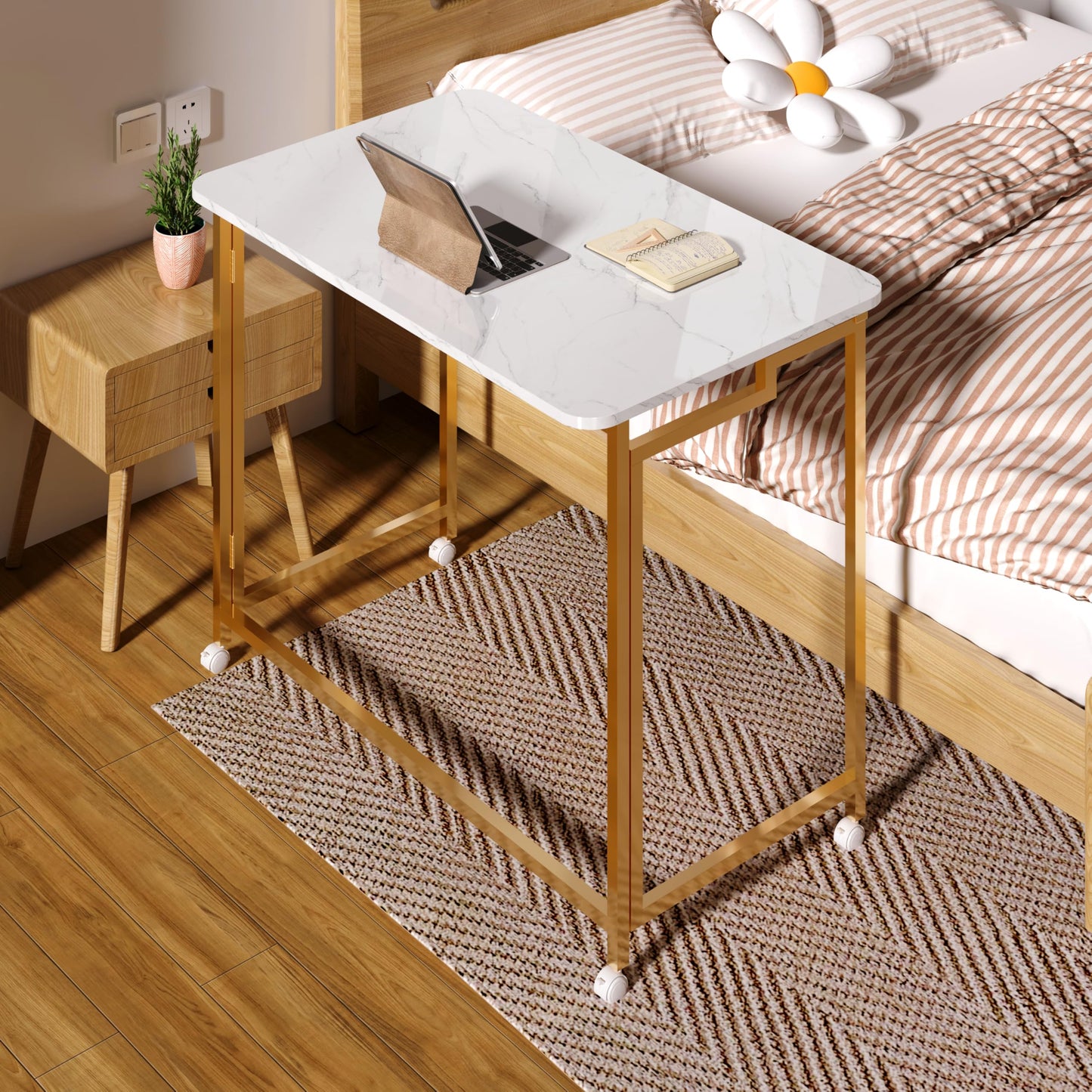 4NM 27.5" Mobile Small Rolling Computer Desk, Folding Laptop Cart Table with Wheels, Portable Office Desk for Small Space Couch Bed - White and Golden