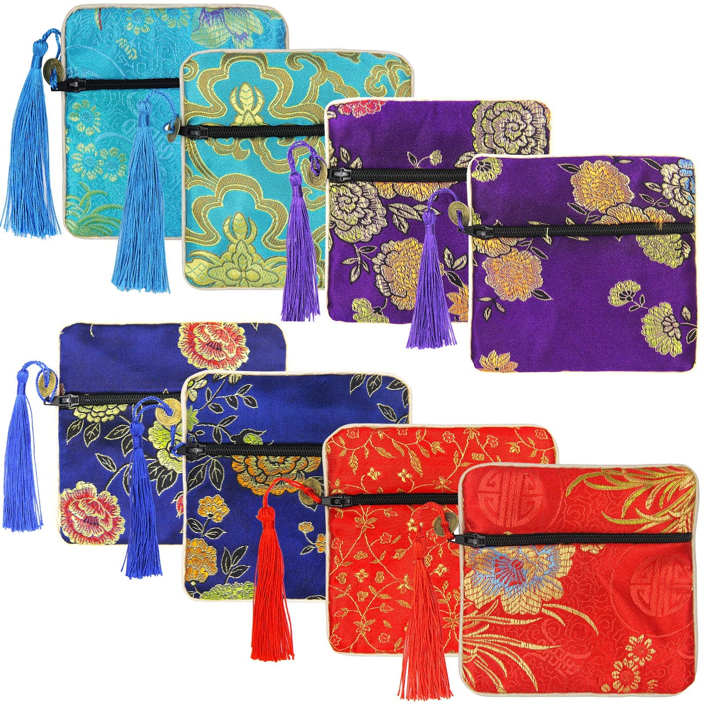 PINOWU 8pcs Silk Brocade Jewelry Bags with Zipper (11.5x11.5cm), Jewellery Silk Purse Pouch Gift Bags for Women Coins Traveling Jewelry Rolls Wedding Birthday Party Favors