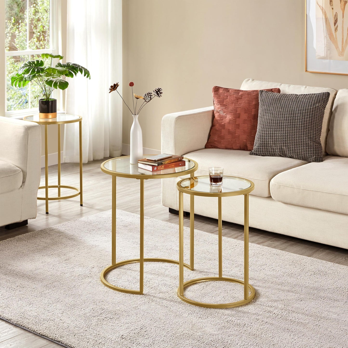 Yaheetech Round Nesting Side Table Stacking Coffee Table, Set of 2 Circular End Tables w/Metal Frame & Tempered Glass Top & Protective Foot Pads for Small Space Living Room Office, Mustard Gold