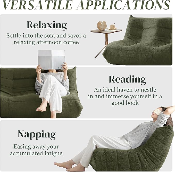 Bean Bag Chair, Loveseat Fireside Chair Bean Bag Sofa for Adults, 2 Seater Bean Bag Chairs for Teens with High-Resilience Foam, Memory Foam Bean Bag for Living Room, Bedroom, Office(Teddy, Dark Green)