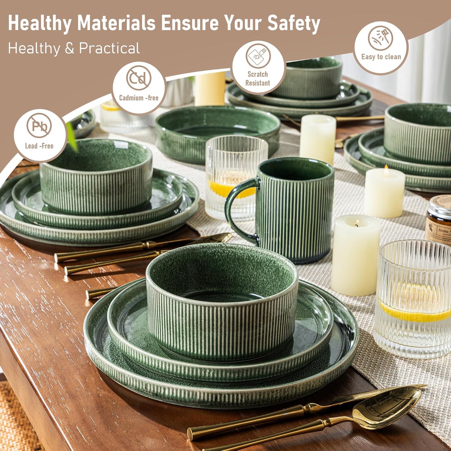 GBHOME Stoneware Dinnerware Sets for 6,Round Reactive Glaze Ceramic Plates and Bowls Set,Highly Scratch Resistant| Dishwasher & Microwave Safe Dishes Set,Service for 6(18Pcs)
