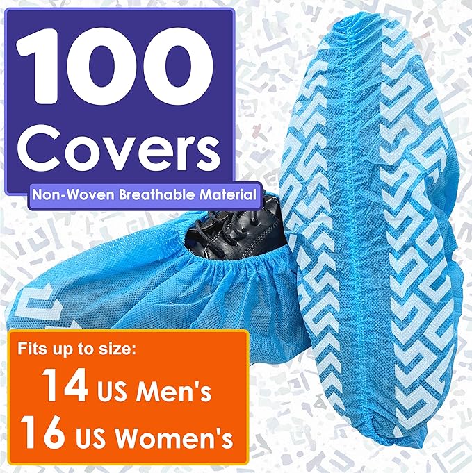 100 Pack Extra Large Disposable Blue Boot and Shoe Covers - Indoor Reusable Shoe Covers Disposable - Non Slip Booties - Fits US Men's Size 14 and Women's 16 Size