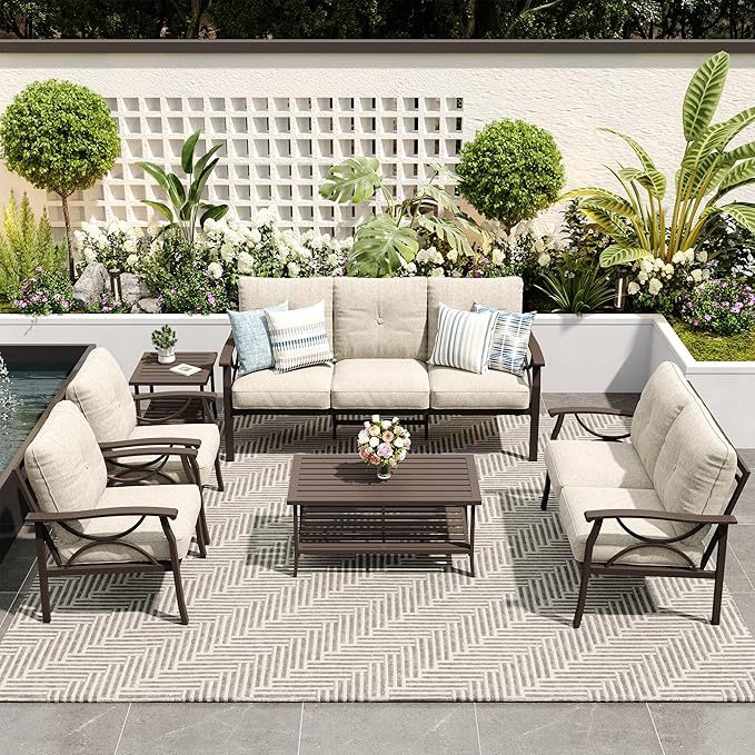 FansaFurn 6-Pieces Outdoor Patio Furniture Set, Outdoor Metal Sectional Furniture with Cushions, Outdoor Conversation Seating Set with Coffee Table for Garden, Balcony, Deck, Backyard, Khaki