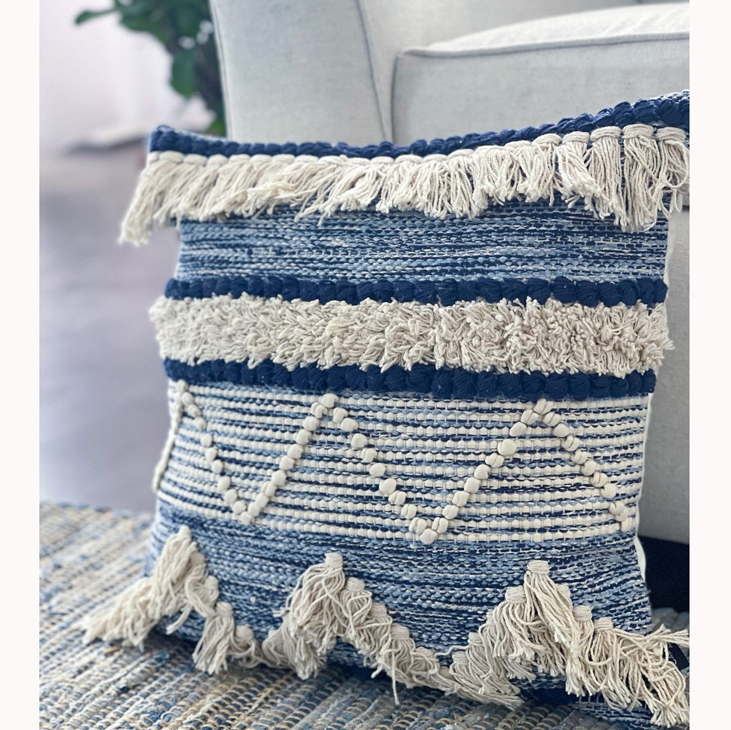 Chardin home Montego Farmhouse Decorative Throw Pillow Covers (Set of 2). Boho Soft Warm Cotton Woven Square Pillow Cover 18x18 for Couch Sofa Bedroom, Blue/Off-White