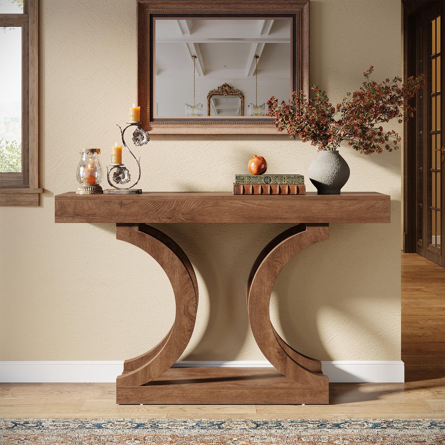 Tribesigns 43.31-Inch Farmhouse Console Table for Entryway, Unique Narrow Sofa Table Behind the Couch with Curved Legs for Living Room, Hallway, Foyer, Entrance, Rustic Brown
