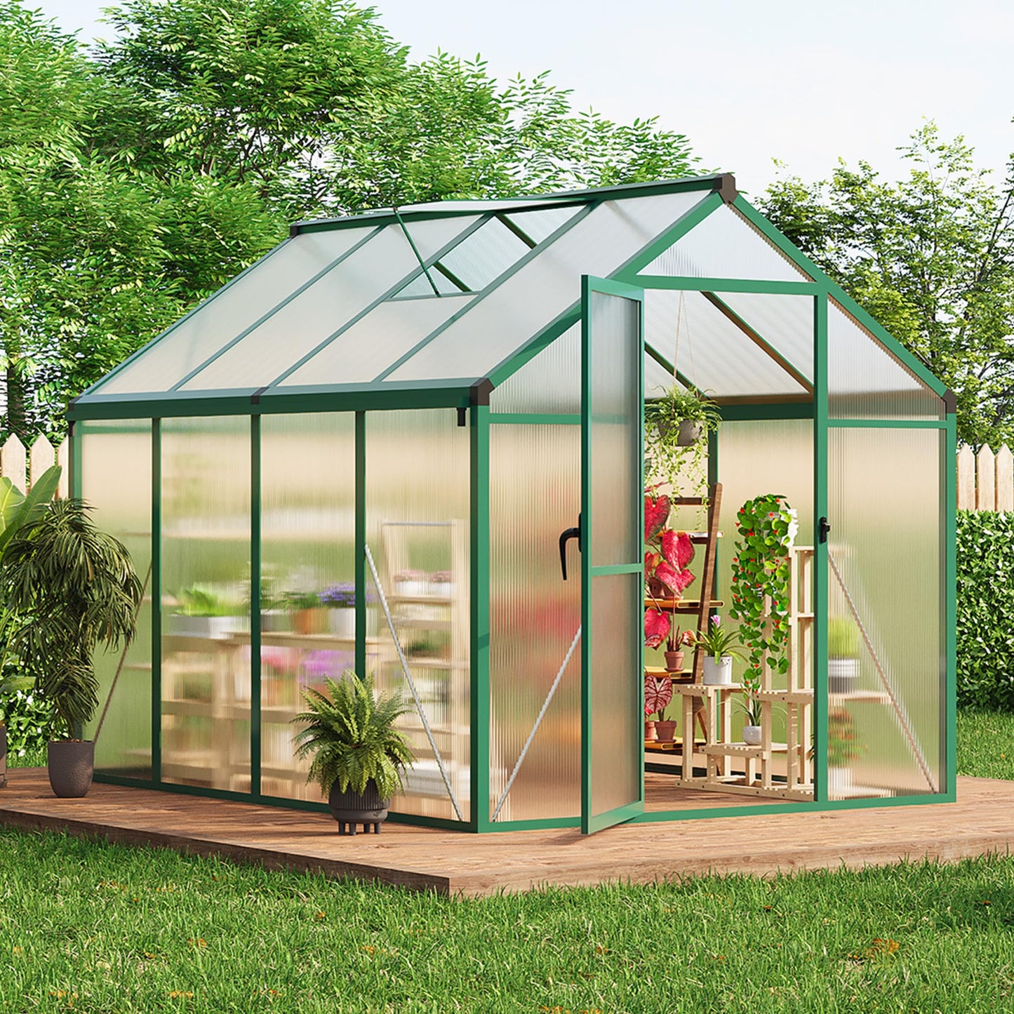 6×8 FT Greenhouse, Large Walk in Greenhouses for Outdoors and Garden Planting, Polycarbonate Greenhouse with Enhanced Aluminum Frame, Green Houses with Quick Setup Structure and Roof Vent, Green