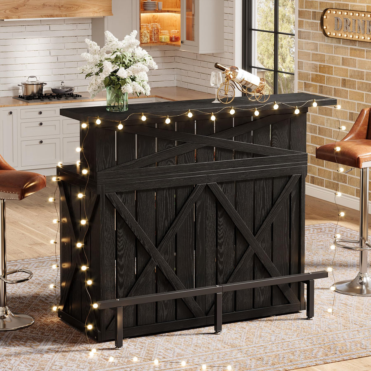 Tribesigns Home Bar Unit, 4-Tier Black Bar Table Height Pub Table with Footrest, 55-Inch Modern Wine Bar Cabinet for Home Pub, Bistro