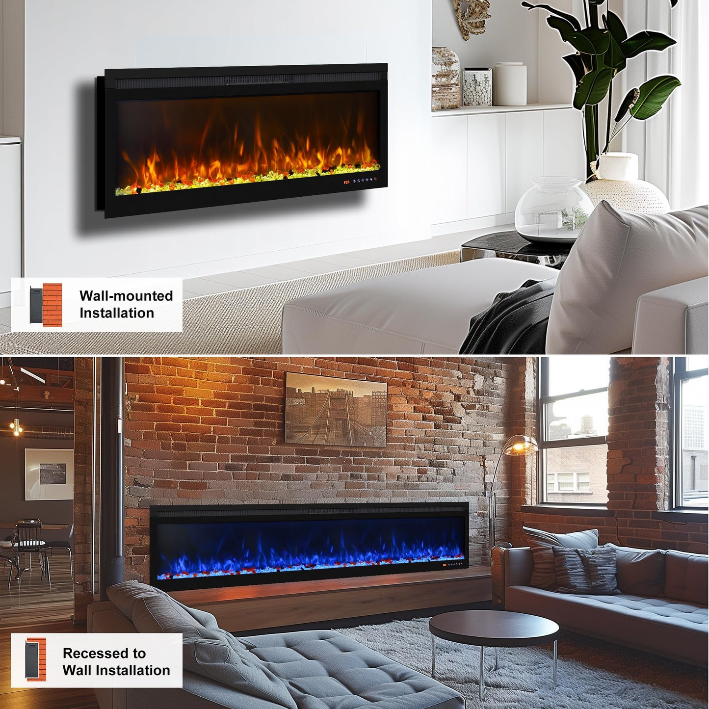 Weka Fireplace Wall Mounted and Recessed Electric Fireplace with App, Remote & Touch Screen, Log Set & Crystal, 13 Adjustable Flame Color, Thermostat, 1-9H Timer, 750w/1500w (72'')