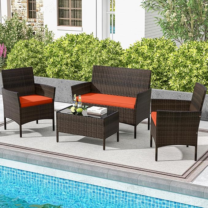 KOTEK 4 Piece Patio Furniture Set, Outdoor Rattan Conversation Set with Loveseat, Wicker Chairs, Tempered Glass Coffee Table, Wicker Patio Set for Backyard, Porch (Orange)