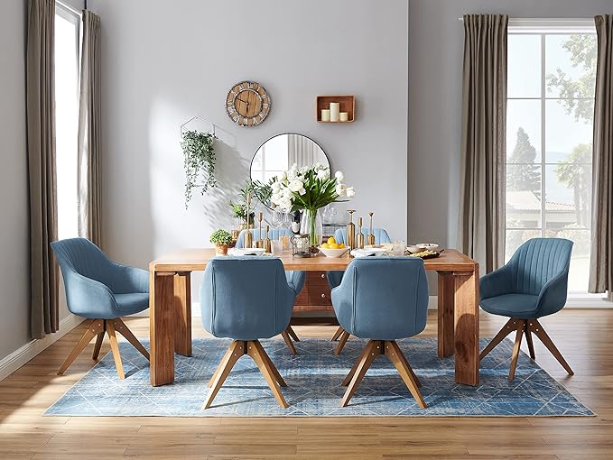 Art Leon Dining Chair, Mid Century Modern Fabric Upholstered Swivel Dining Room Chair with Wood Legs, Leisure Side Chair with Arms for Living Room, Blue