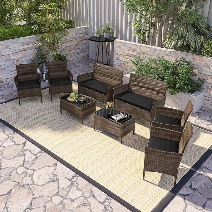 RELAX4LIFE 8-Piece Patio Furniture Set - Rattan Outdoor Conversation Bistro Set w/Cushions, Glass Coffee Table, Wicker Chairs & Loveseat for Garden Backyard Porch, Balcony Furniture Set (2, Black)