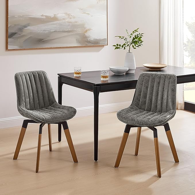 Art Leon Swivel Dining Chairs - Mid Century Modern Kitchen Dining Room Chairs, Upholstered Faux Leather Armless Side Chairs with Wood Legs