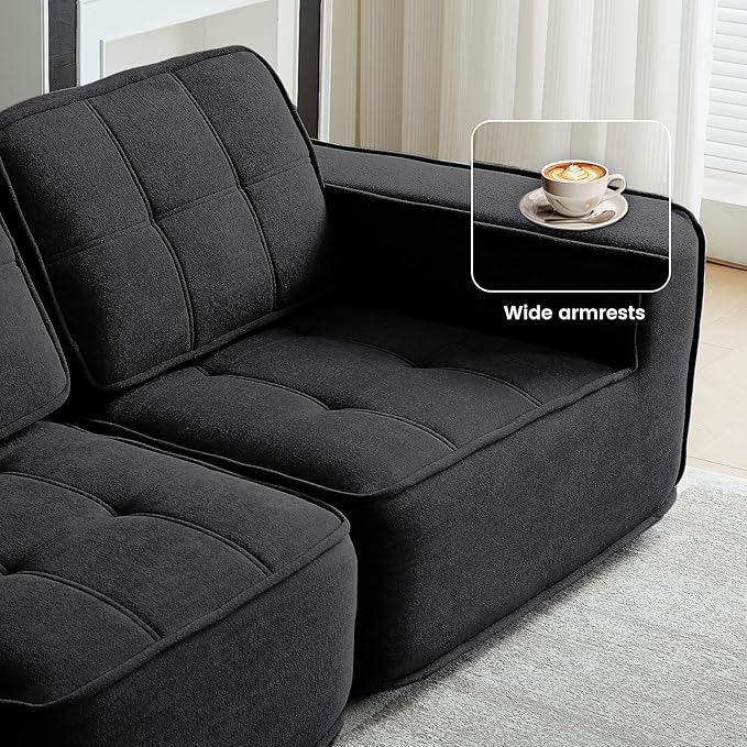 108" Boneless sectional Couch for Living Room,Convertible L-Shape Fleece Couches with Ottoman, Cloud Modular Sofa with Deep Seat for Bedroom, No Assembly,Black