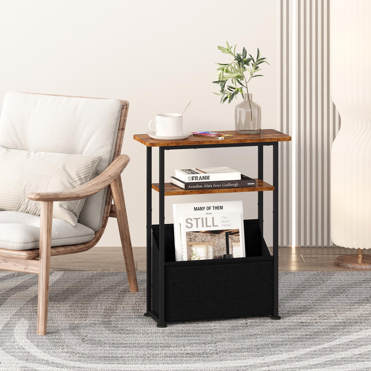 Yusong Narrow Side Table for Small Spaces, Skinny End Table with Storage Basket, 3 Tier Slim Sofa Couch Bedside Table, Thin Nightstand for Bedroom, Living Room, Rustic Brown