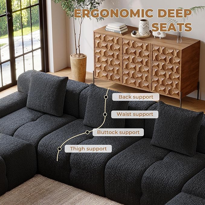 135" Modern L Shaped Modular Sectional Sofa, 6 Seater Convertible Chenille Cloud Couch Sofa Set, Boneless Couches for Living Room with Ottoman, No Assembly Required, Black