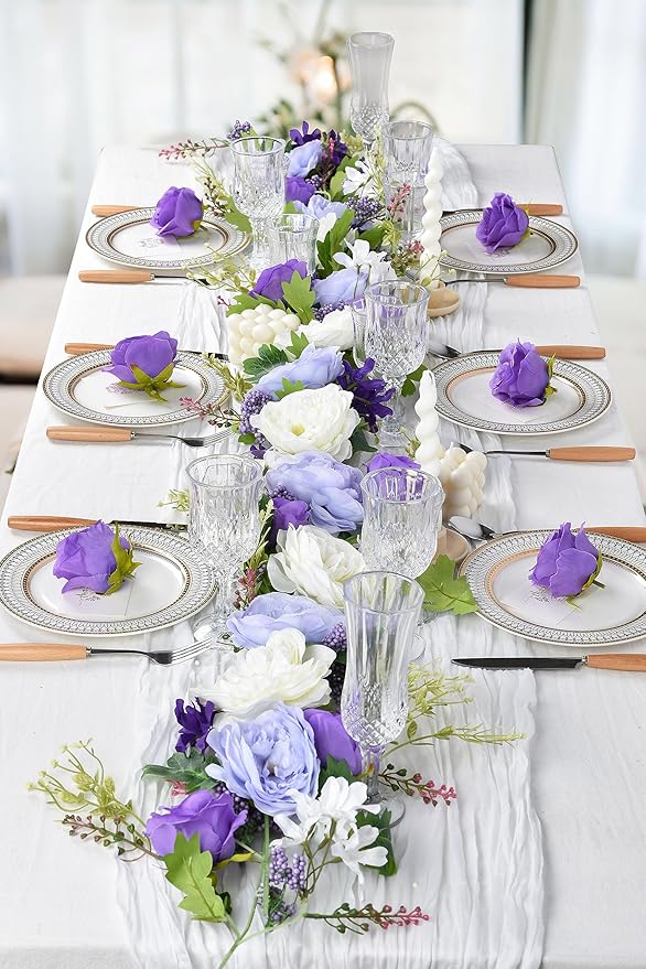 DearHouse 2Pack Artificial Peony Flower Garland - Silk Peony Garland with Purple White Flowers for Wedding Party Table Decoration,6ft/Strand(White&Purple&Dark Purple)