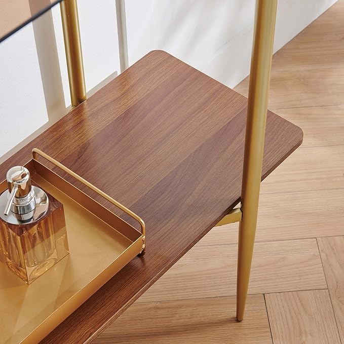 Pine Flicker Rectangle Glass Console Table, Mid-Century Modern Design, L41*W14*H32 inch, for Living Room, Amber Glass Top and Walnut Finish Wood Shelf, Conical Metal Legs with Gold Finish