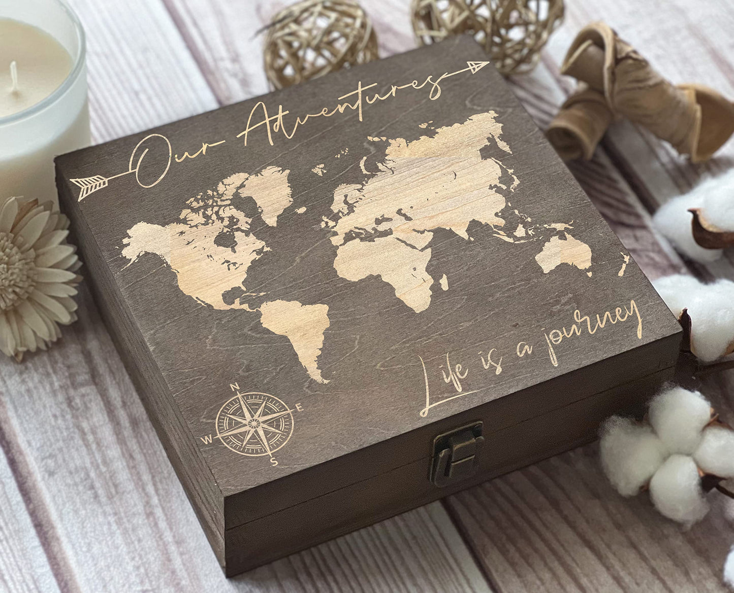 Our Adventures Box, 8.5 in x 8 in x 2.5 in, Wooden Box, Keepsake Box, Memory Box, Gift box, 5th Anniversary Gift, Unique Gift Ideas, Travel, Wooden Anniversary Gift (Dark Walnut Our Adventure)