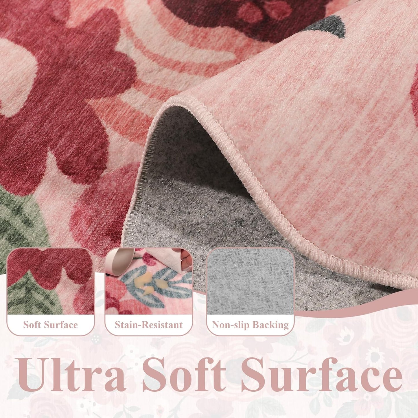 DUKINO 5x7 Area Rug, Floral Washable Rugs for Living Room with Non Slip Backing & Non-Shedding, Lightwight Low Pile Boho Design Large Carpets for Bedroom, Living Room, Dining Room, Pink