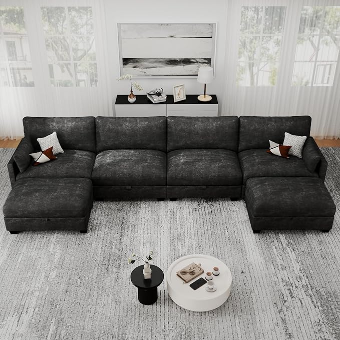 OhaiAura Modular Sectional U Shaped Sofa Couches for Living Room, Cloud Couch with Storage Ottoman, Comfy Chenille Sofa with Pillow, Black