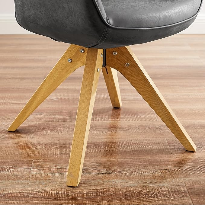 Art Leon Dining Chair, Mid Century Modern Faux Leather Upholstered Swivel Dining Room Chair with Oak Wood Legs, Leisure Side Chair with Arms for Living Room, Black