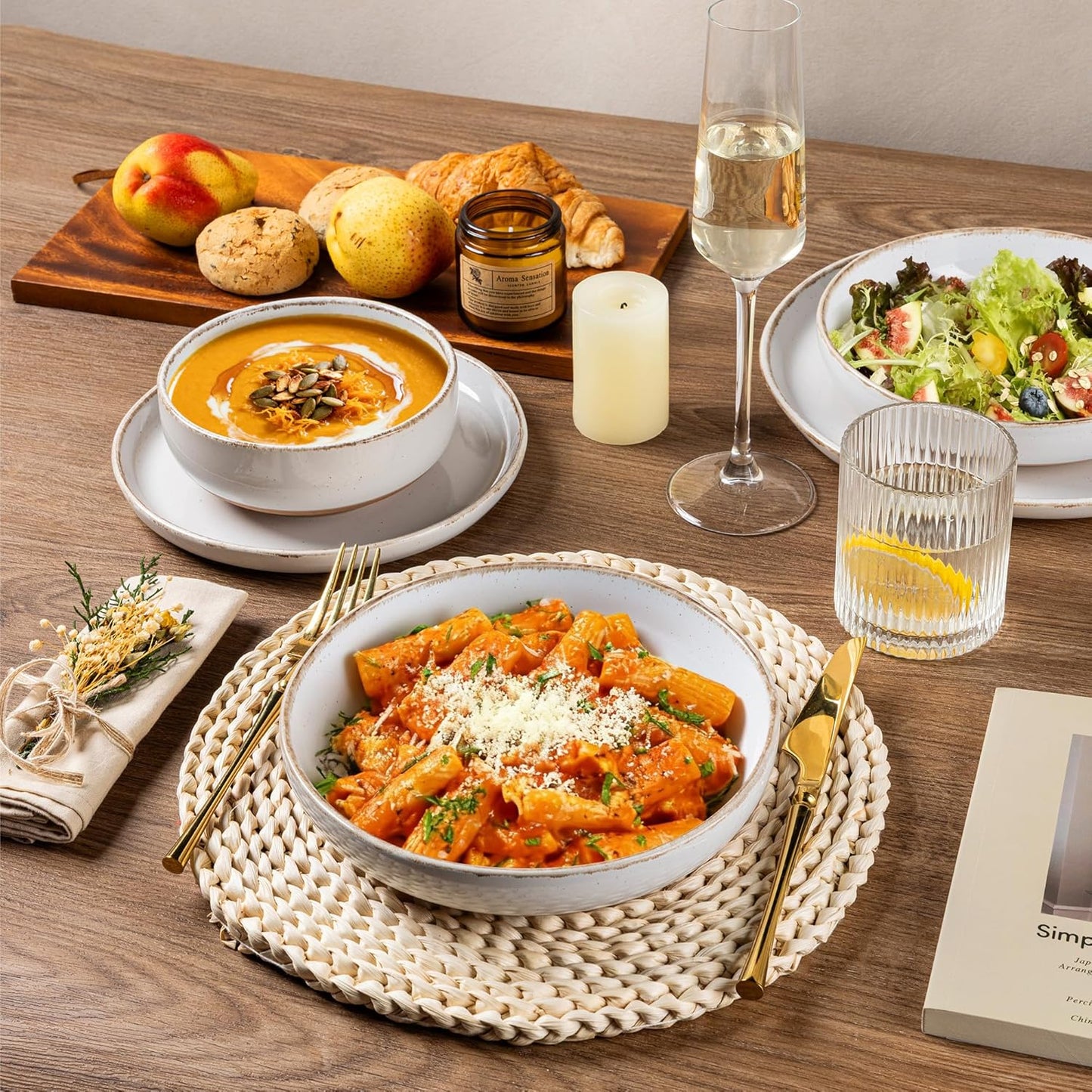 AmorArc 24 Pieces Ceramic Dinnerware Sets for 6, Handpainted Plates and Bowls Set with Rustic Terracotta Underside, Scratch Resistant Stoneware Dishes Set, Dishwasher & Microwave Safe, White