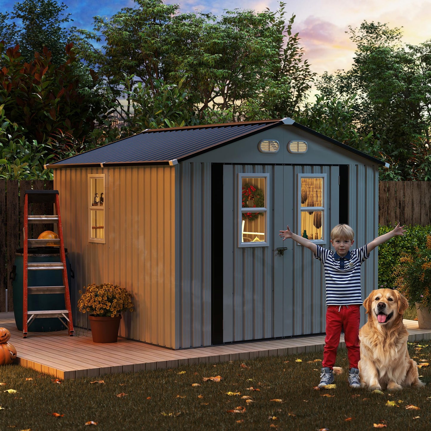 KEIKI 8x8 Outdoor Metal Storage Shed, Heavy-Duty Color Steel Construction with Protective Film, 4 Windows & Lockable Double Doors, Backyard Garden Utility Shed, White