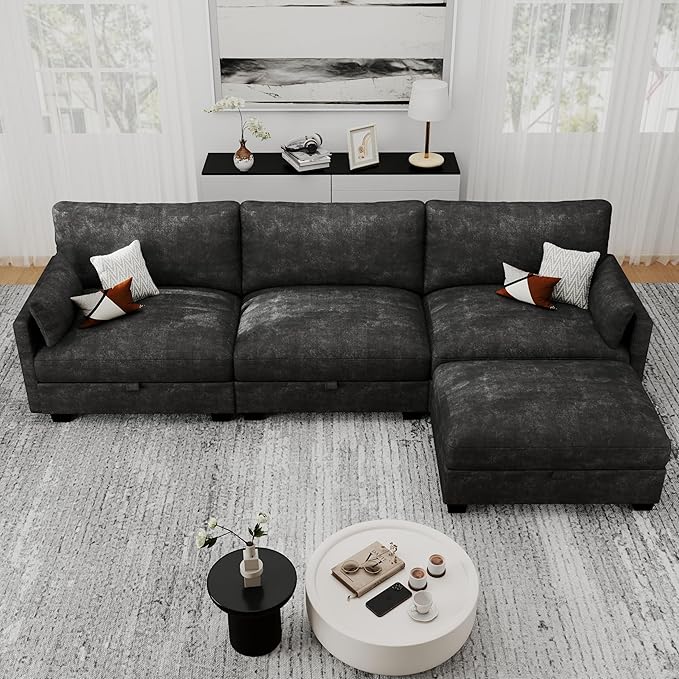 OhaiAura Modular Sectional L Shaped Sofa Couches for Living Room, Cloud Couch with Storage Ottoman, Comfy Chenille Sofa with Pillow, Black