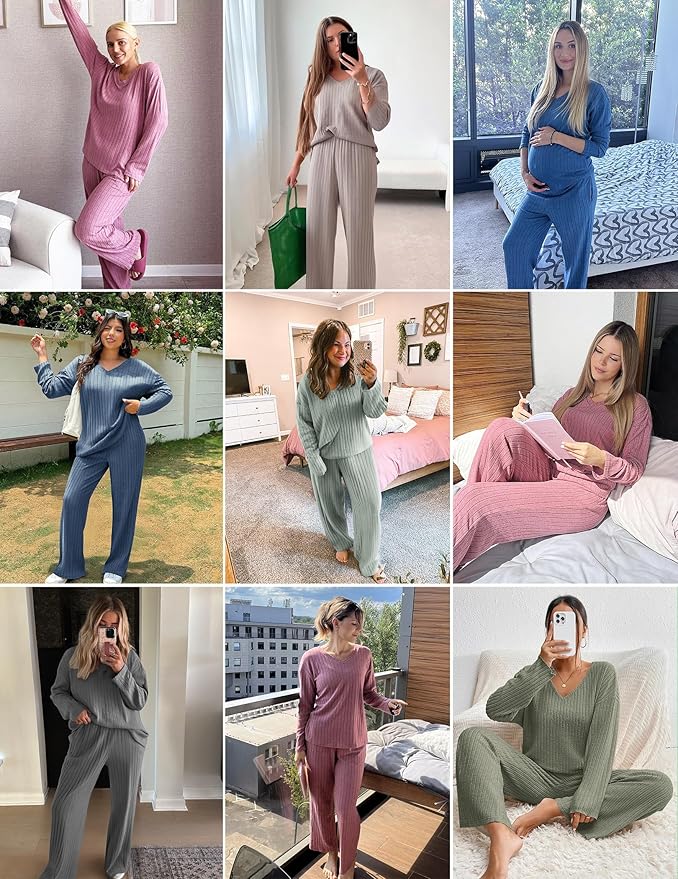 Ekouaer Lounge Sets for Women Long Sleeve Knit Ribbed Pajama Sets 2 Piece Casual Loungewear with Pockets