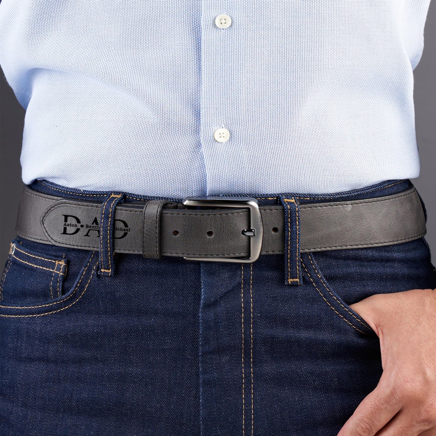 Awesometik Personalized Everyday Leather Belt for Anniversary - 100% European Full Grain Real Leather-Valentines Day Gift for Husband, Casual Jean Belts (Black Engraved, 32 inch)
