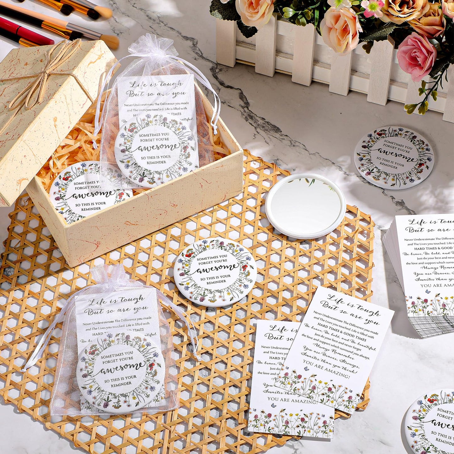 Cinnvoice 50 Set Inspirational Compact Mirror Bulk Appreciation Gifts for Women Mini Makeup Pocket Purse Mirror with Thank You C